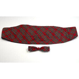 VTG ORMOND NYC Mens Red Tartan Plaid MEDIUM Cummerbund & Clip-on Bowtie EUC